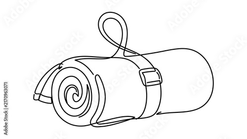 Rolled sleeping bag with strap white background.
