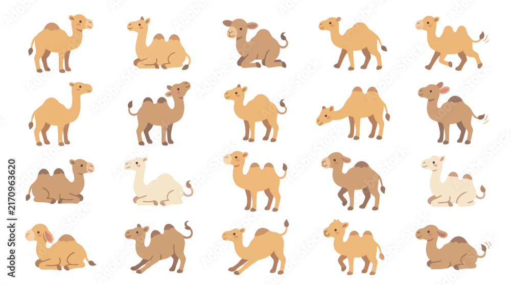 Fototapeta premium Set of cute cartoon camels in various poses and colors isolated on white background.