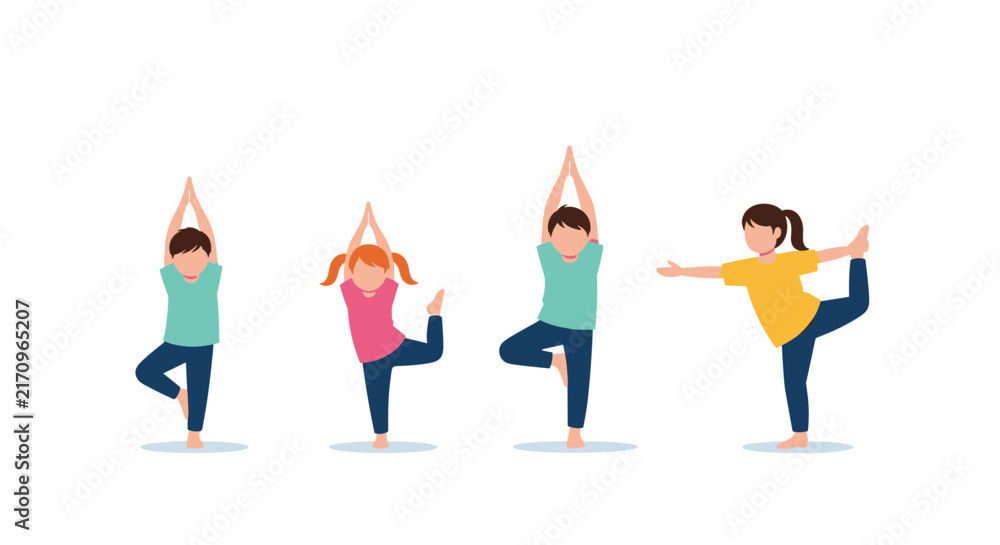 Fototapeta premium Group of children practicing different yoga poses such as the tree pose and balancing exercises for health and wellness in a flat vector.