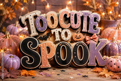 Cute halloween cookies spelling too cute to spook with pumpkins and bats.