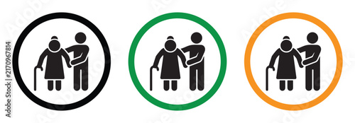 Elderly Care Assistance Senior Person with Walking Stick Icon Set Vector