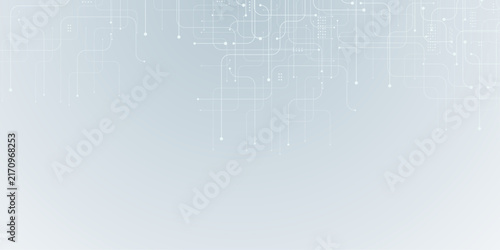 AI circuit board background with white tech lines, electronic elements, and semiconductor chip. Modern gray digital vector illustrating connected technology.