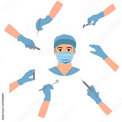 Hand-drawn dental medical illustration featuring a dentist wearing a protective mask and holding professional dental instruments