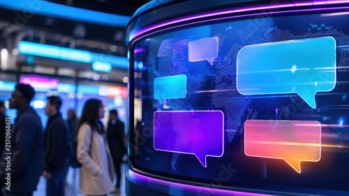 Neon news kiosk with glowing speech bubbles attracts people in modern city setting creating vibrant urban atmosphere at night