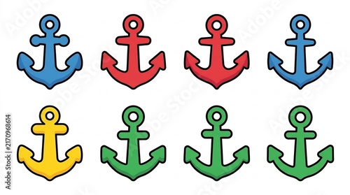 Colorful anchor icon set for nautical and marine design projects
