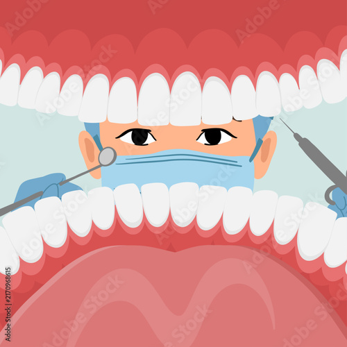 Hand-drawn dental medical illustration showing a masked dentist using professional dental instruments while examining an open mouth