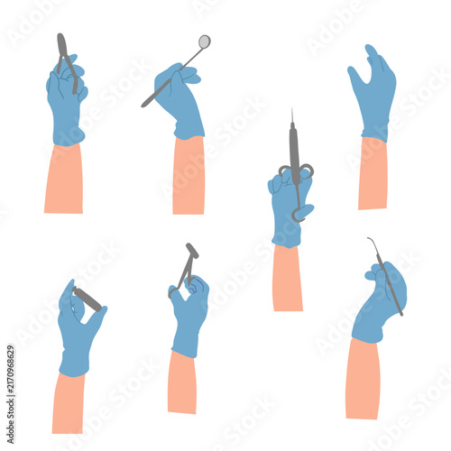 Hand-drawn dental medical illustration featuring dentist hands holding professional dental instruments