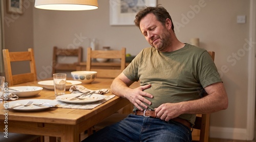 Man loosening belt while holding painful stomach at dining table, overeating heartburn symptom concept
