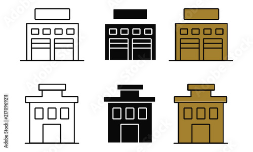 Set of garage and office building in various styles and color schemes