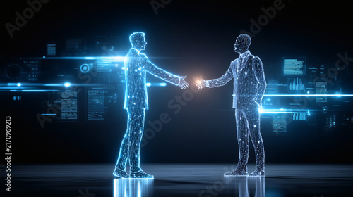 photorealistic composition showing two luminous figures exchanging insights over floating compliance documents, holographic charts and binary data rise within shield, light trails converge symbolizing