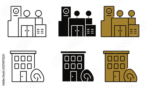 Set of stylized building including a clock tower and a residential building