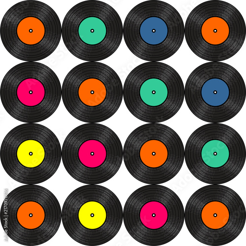 Seamless pattern print wallpaper with vinyl record discs music illustration vector retro style 60s, 70s, 80s, design art background for paper, textile, pack etc.	
