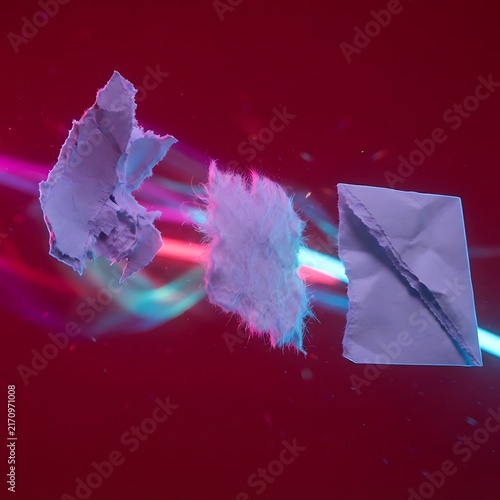 Abstract composition of floating torn paper fragments illuminated by colorful neon glowing light trails with paper pieces dark background fragment