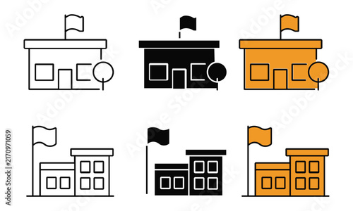 Set of stylized school building in outline solid and color variations