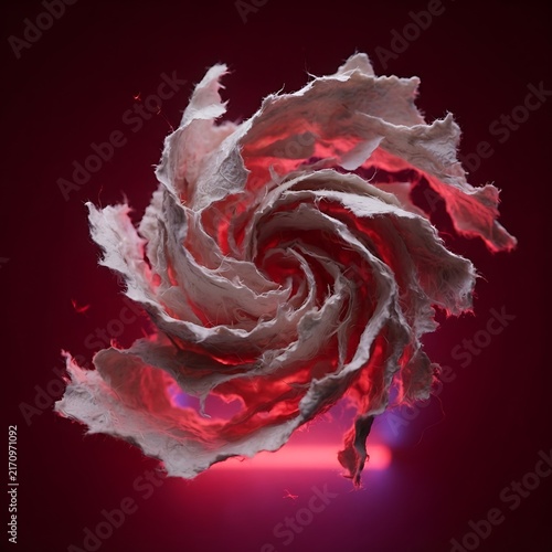 Abstract swirling vortex of textured paper illuminated by red neon light with red glow abstract art 3D illustration spiral formation dark