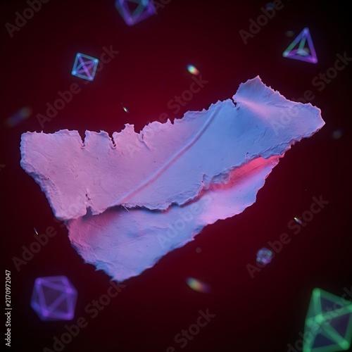 Floating torn paper piece with geometric wireframe shapes under purple and pink neon lighting futuristic art purple light dark background sci