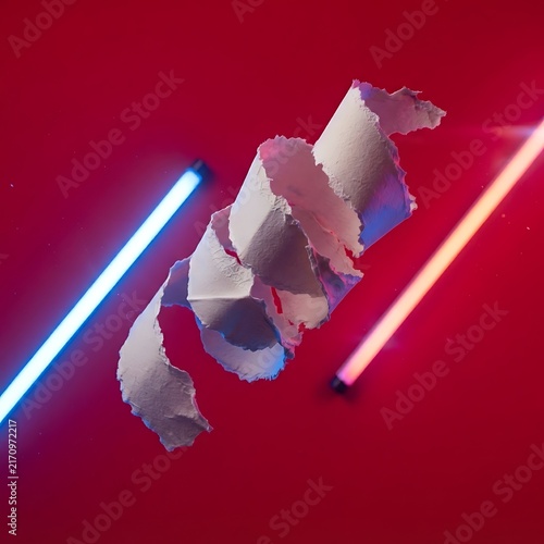 Abstract curled paper sculpture glowing with neon blue and pink lights against red background neon tubes abstract art modern design minimalist art