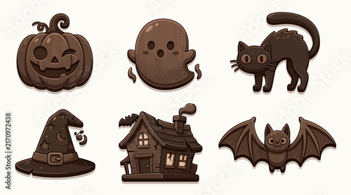 Принти на полотні Halloween decorations crafted as chocolate shapes feature a grinning pumpkin, a cute ghost, a black cat, a pointy witch hat, a creaky haunted house, and a flying bat against a clean white background