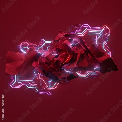 Abstract red sculpted form surrounded by glowing cybernetic lines and circuits with abstract sculpture circuit pattern glowing neon futuristic desi