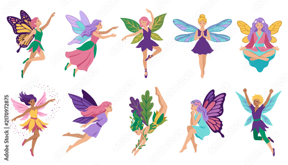 Fototapeta premium Fairies Collection with Various Poses and Wing Designs Featuring Fantasy