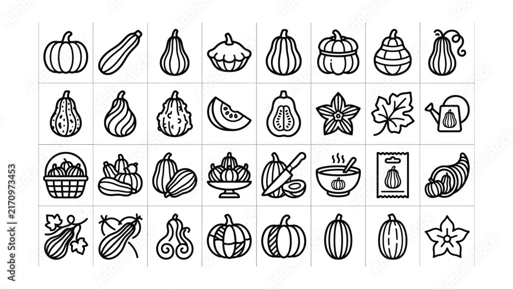 Fototapeta premium Black and white line drawing illustrations of various pumpkin types and fall elements