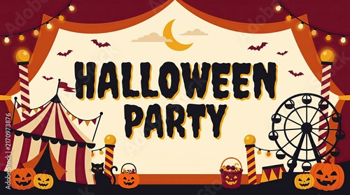 Vibrant flat design halloween party carnival illustration with a big top, ferris wheel, string lights, and pumpkins under a night sky, creating a festive mood.