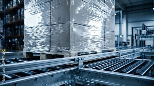 Logistics warehouse concept with wrapped cardboard boxes on a pallet ready for delivery.