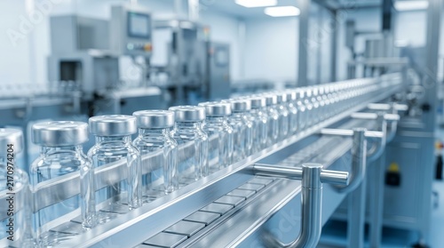 Closeup of empty glass ampules being processed in a vaccine production facility.