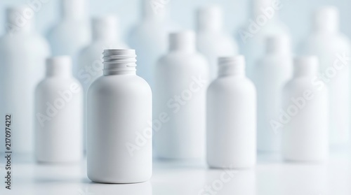 Group of empty white plastic bottles with screw caps in a row