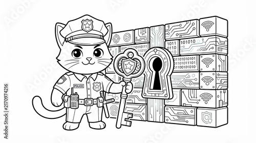Cute police cat holding a large key near a digital security wall