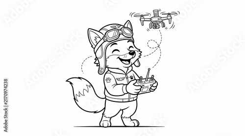 Cute fox character flying a drone with a remote controller