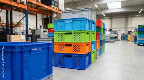 Brightly colored plastic crates stacked in a warehouse for logistics.