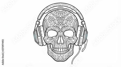 Decorative human skull wearing gaming headphones line art illustration