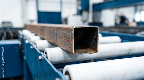 Industrial square metal tube being processed by a CNC fiber laser cutting machine.