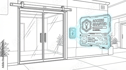 Futuristic sliding glass door with digital security panel and access granted