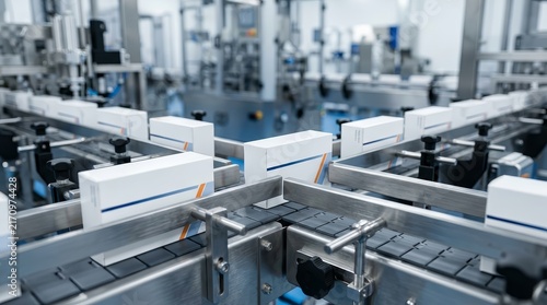 Pharmaceutical industrial concept featuring an automatic packaging conveyor line