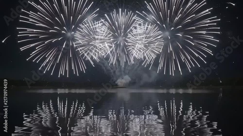 Spectacular Silver Fireworks Over Water with Perfect Night Lake Reflection and Smoke