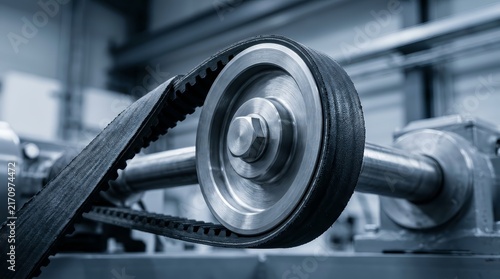 Industrial belt transmission mechanism and machinery details in close up.