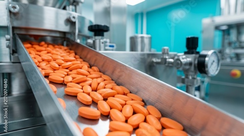 Mass production of orange pill tablets on a conveyor belt within a pharmaceutical manufacturing plant.