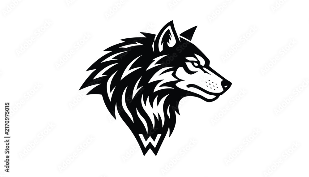 Fototapeta premium Stylized black and white illustration of a wolf head profile with sharp mane details and a letter W embedded at the base.
