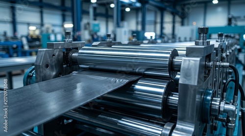 Industrial metal processing concept featuring a continuous metal sheet strip and roll forming machine rollers.