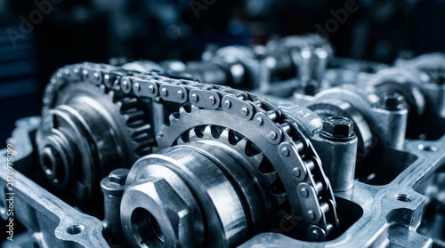 Detailed view of a new timing chain within an internal combustion engine assembly.
