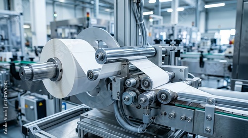 An abstract industrial background featuring a fragment of a sticking labeling machine.