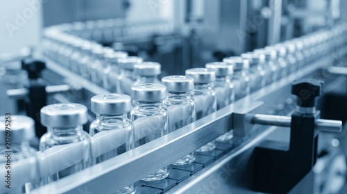 Pharmaceutical industry concept showing glass bottles on an automated factory conveyor belt.