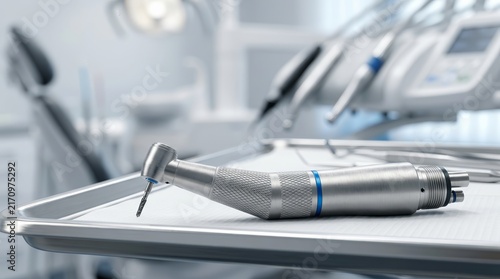 Dental drills and handpieces equipment shown in a professional dentist office setting.