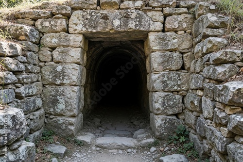 Ancient stone entrance leads into dark mysterious tunnel. Old rock doorway opens to underground cave ruins. Archaeologists explore historic passage of forgotten civilization. Hidden pathway through