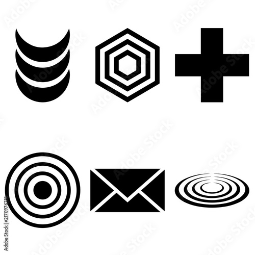 Collection of minimalist black icons and geometric graphic shapes with geometric