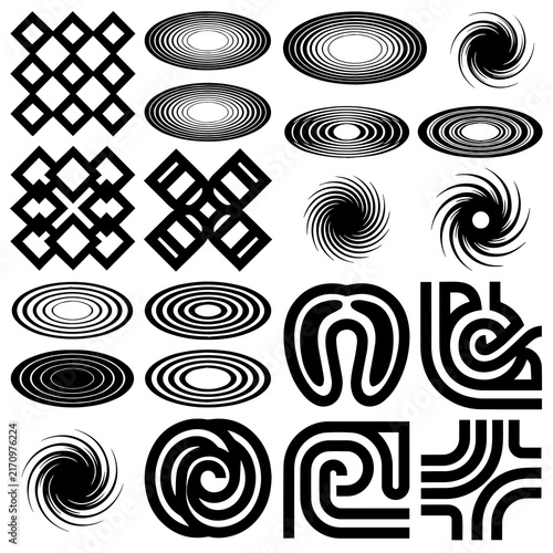 Set of black and white abstract geometric vector shapes spirals and patterns