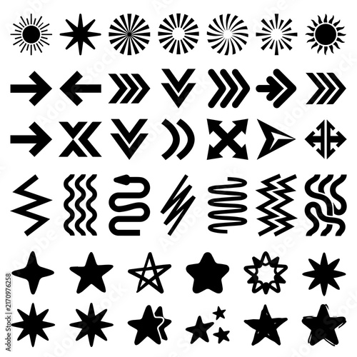 Set of black star and arrow icons on a white background with arrow symbols