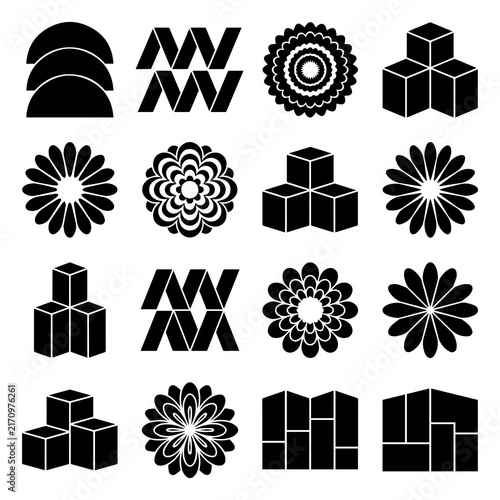 Set of black and white abstract geometric shapes floral icons and 3D cubes